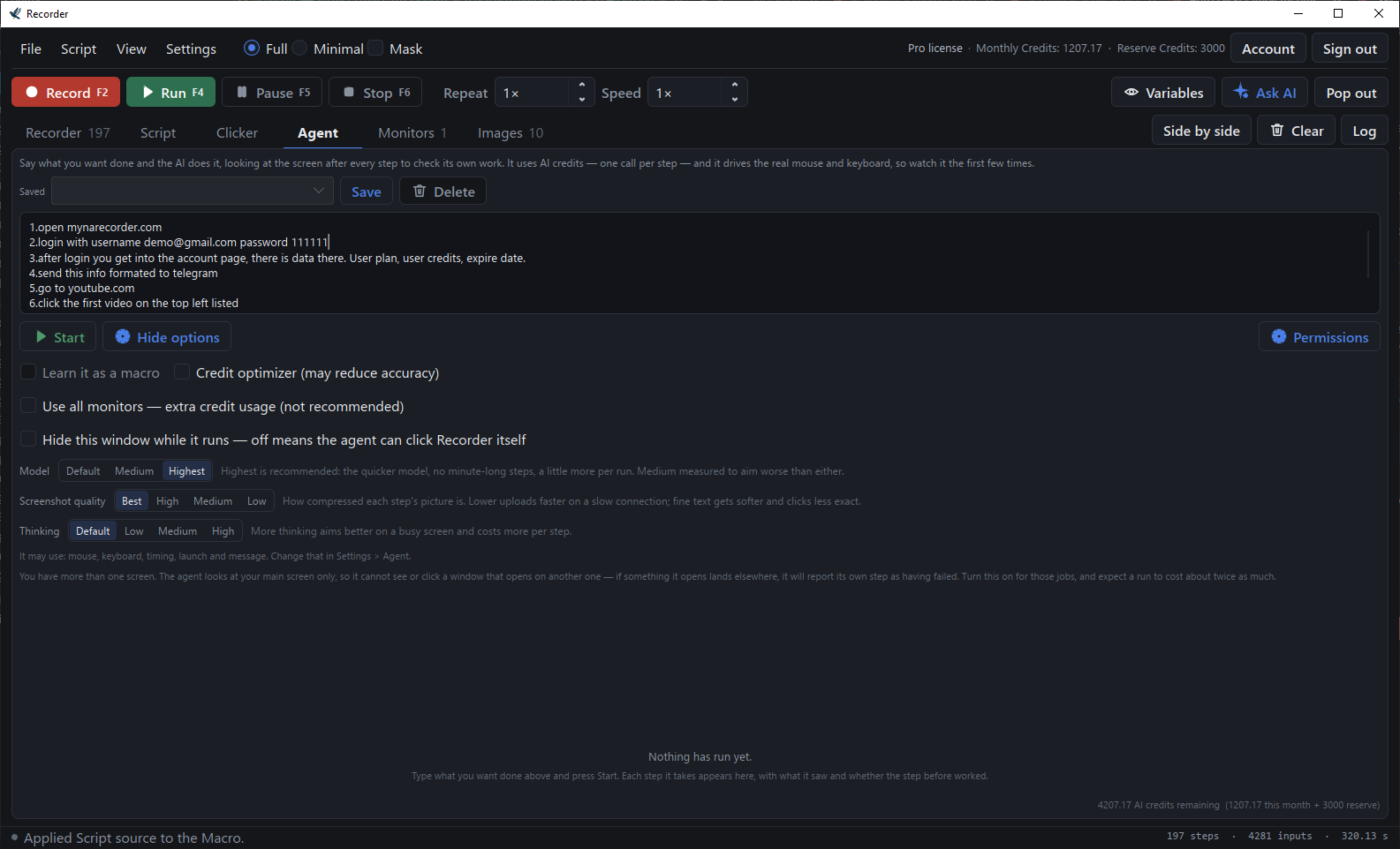The Agent tab with a six-line goal typed in and the model, screenshot quality and thinking options below it.