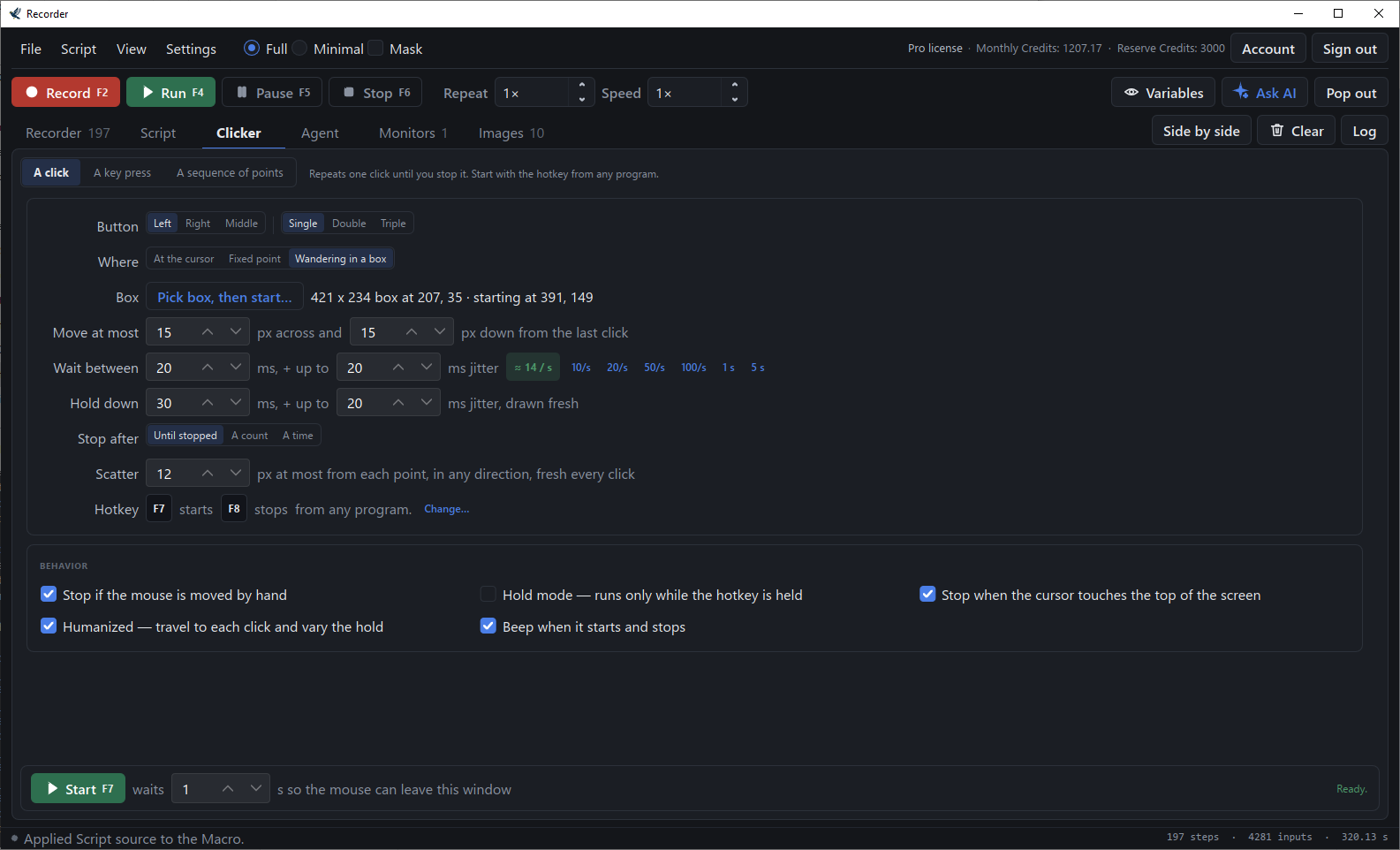 The Clicker tab set to one click wandering inside a box, with the wait, hold, jitter and scatter settings and the F7 and F8 hotkeys.