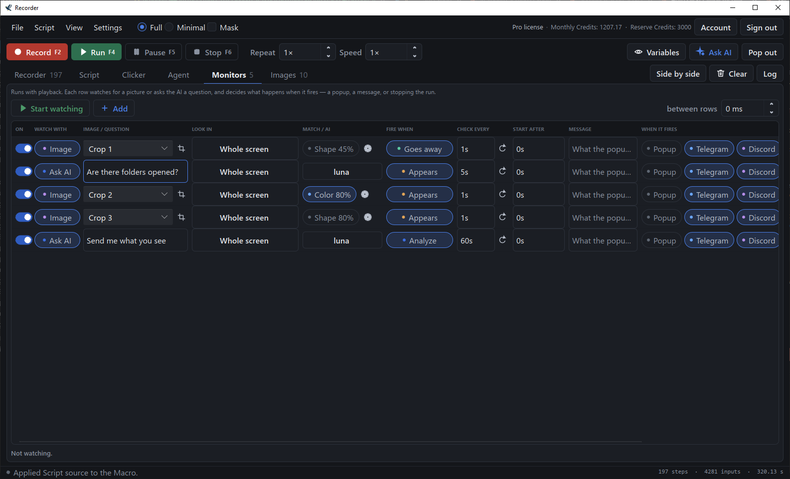 The Monitors tab with five watch rows: pictures and AI questions, each with when it fires and whether it alerts by popup, Telegram or Discord.