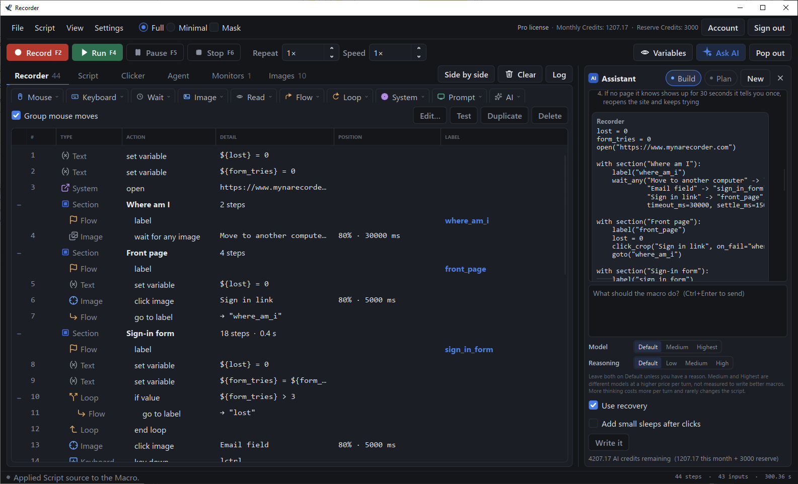 The Recorder tab: a macro as a list of steps grouped into sections such as Where am I, Front page and Sign-in form, with the AI assistant open beside it.