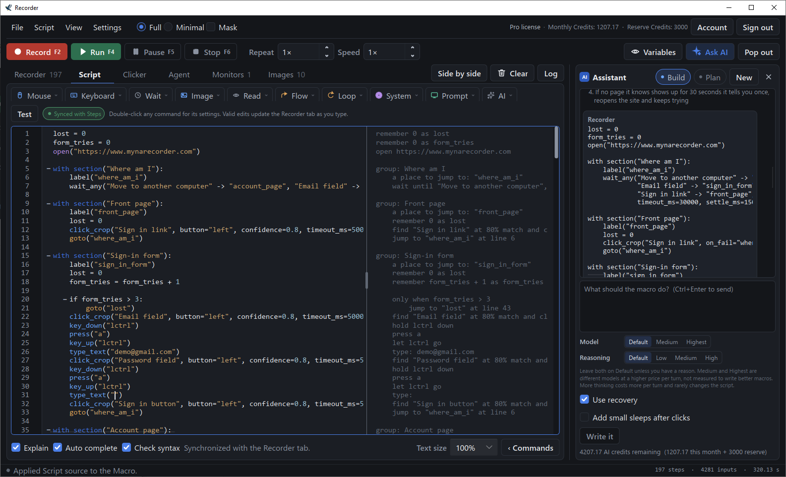 The Script tab: the same macro as text with syntax colouring, and the Explain column putting each line into plain words.